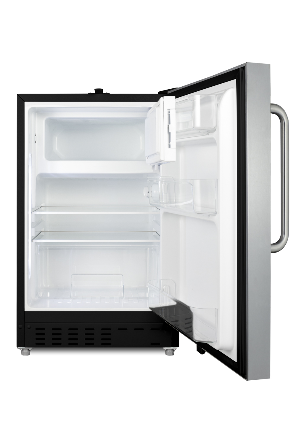 Built-in undercounter ADA compliant refrigerator-freezer with SS cabinet and door with a towel bar handle for residential use, manual defrost with glass shelves, front lock, and door storage